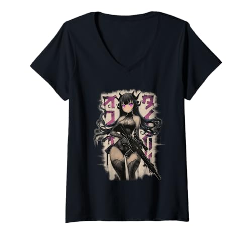 Damen Demon Anime Waifu - Grunge Rifle Wielding Anime Girl T-Shirt mit V-Ausschnitt von Gothic Grunge Anime Girl Apparel