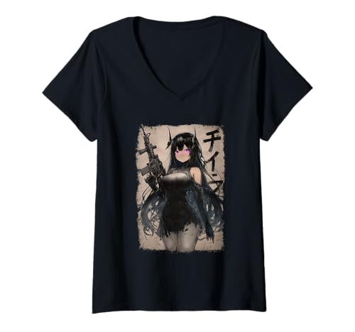 Damen Goth Anime Waifu - Grunge Rifle Wielding Anime Girl T-Shirt mit V-Ausschnitt von Gothic Grunge Anime Girl Apparel