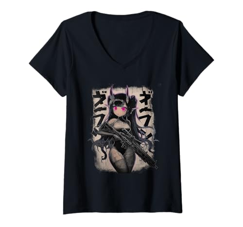 Damen Kawaii Demon Anime Waifu - Grunge Rifle Wielding Anime Girl T-Shirt mit V-Ausschnitt von Gothic Grunge Anime Girl Apparel