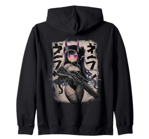 Kawaii Demon Anime Waifu - Grunge Rifle Wielding Anime Girl Kapuzenjacke von Gothic Grunge Anime Girl Apparel