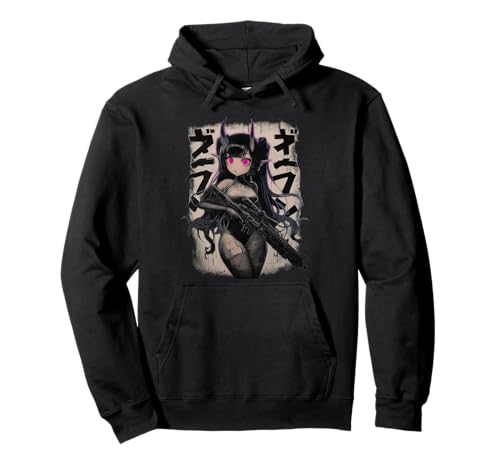 Kawaii Demon Anime Waifu - Grunge Rifle Wielding Anime Girl Pullover Hoodie von Gothic Grunge Anime Girl Apparel