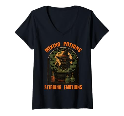 Damen Mixing Potions Stirring Emotions Hexe Katze Okkultes Wicca T-Shirt mit V-Ausschnitt Damen Mixing Potions Stirring Emotions Hexe Katze Okkultes Wicca T-Shirt mit V-Ausschnitt von Gothic Mystic Cat Potion Brewing Halloween Design