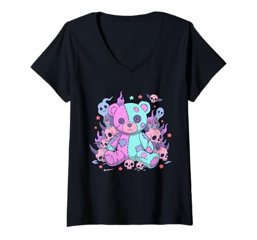 Damen Pastell-Goth Voodoo-Bär Gruselige Halloween-Kunst T-Shirt mit V-Ausschnitt Damen Pastell-Goth Voodoo-Bär Gruselige Halloween-Kunst T-Shirt mit V-Ausschnitt von Gothic Pastel Voodoo Bear Collection