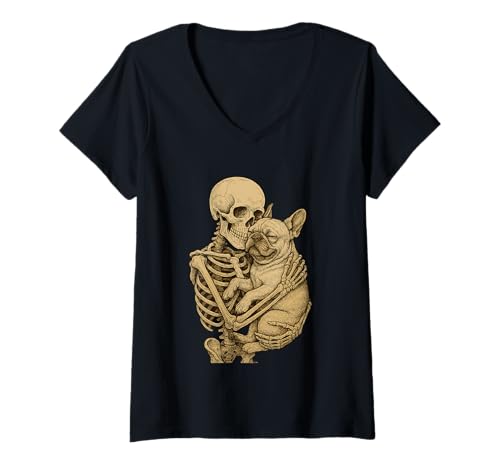 Damen Skelett hält Bulldogge Hundeliebhaber Gothic Kunstwerk T-Shirt mit V-Ausschnitt von Gothic Pet Bond