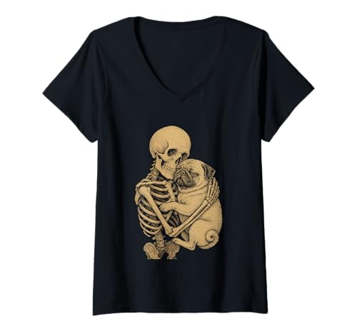 Damen Skelett hält Hund Mops Illustration Gothic Halloween Kunst T-Shirt mit V-Ausschnitt Damen Skelett hält Hund Mops Illustration Gothic Halloween Kunst T-Shirt mit V-Ausschnitt von Gothic Pug Artwork