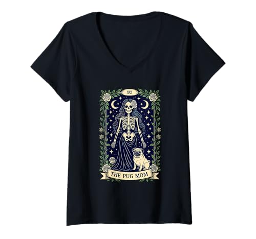 Damen The Pug Mom Gothic Skelett Rose Tarot-Hundeliebhaber T-Shirt mit V-Ausschnitt Damen The Pug Mom Gothic Skelett Rose Tarot-Hundeliebhaber T-Shirt mit V-Ausschnitt von Gothic Pug Mom Retro Dog Lover Spooky Vibes
