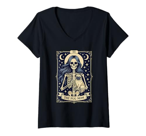 Damen The Pug Mom Gothic Skelett Tarot-Hundeliebhaber T-Shirt mit V-Ausschnitt Damen The Pug Mom Gothic Skelett Tarot-Hundeliebhaber T-Shirt mit V-Ausschnitt von Gothic Pug Mom Retro Dog Lover Spooky Vibes