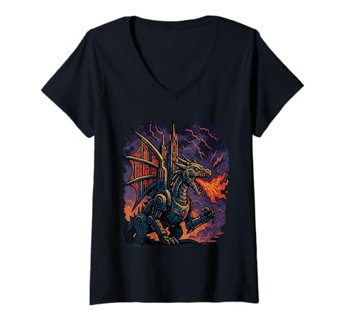 Damen Gothic Mecha Drache Kathedrale Kunstwerk T-Shirt mit V-Ausschnitt Damen Gothic Mecha Drache Kathedrale Kunstwerk T-Shirt mit V-Ausschnitt von Gothic Realm Artworks