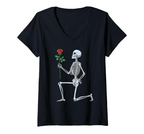 Damen Romantisches Skelett mit Stiel Blume Rose Gothic Romance T-Shirt mit V-Ausschnitt Damen Romantisches Skelett mit Stiel Blume Rose Gothic Romance T-Shirt mit V-Ausschnitt von Gothic Romance Creations