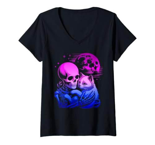Damen Kätzchen Skelett Goth Halloween umarmen Mond T-Shirt mit V-Ausschnitt Damen Kätzchen Skelett Goth Halloween umarmen Mond T-Shirt mit V-Ausschnitt von Gothic Skeleton Cat And Bone Artwork