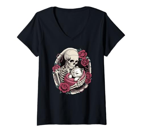 Damen Skelett Umarmende Katze Gothic Floral Gruselig Niedlich Halloween T-Shirt mit V-Ausschnitt Damen Skelett Umarmende Katze Gothic Floral Gruselig Niedlich Halloween T-Shirt mit V-Ausschnitt von Gothic Skeleton Cat Roses Dark Aesthetic Graphic