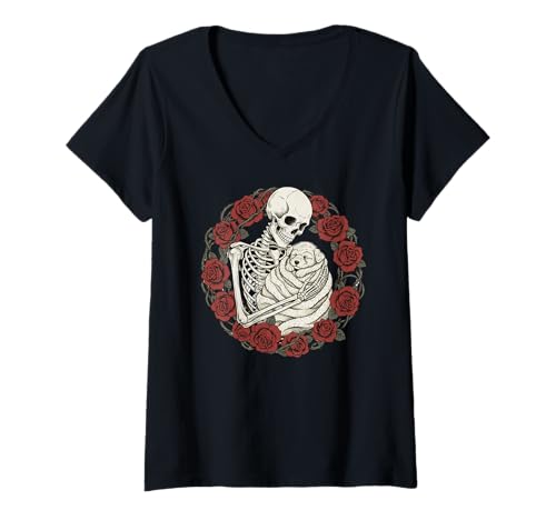 Damen Skelett Umarmender Hund Gothic Floral Gruselig Niedlich Halloween T-Shirt mit V-Ausschnitt Damen Skelett Umarmender Hund Gothic Floral Gruselig Niedlich Halloween T-Shirt mit V-Ausschnitt von Gothic Skeleton Dog Roses Dark Aesthetic Graphic