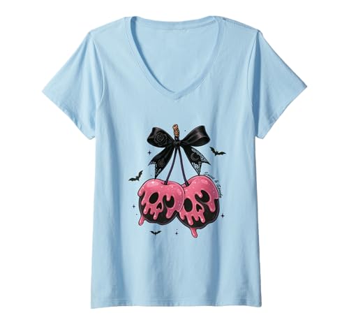 Damen Totenkopf Kirschen Halloween Gruselkunst T-Shirt mit V-Ausschnitt Damen Totenkopf Kirschen Halloween Gruselkunst T-Shirt mit V-Ausschnitt von Gothic Skulls, Cherry, Halloween Spooky Art