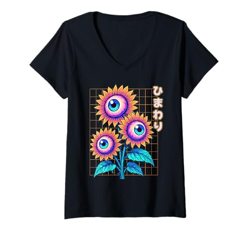 Damen Trippy Weirdcore Augapfel Sonnenblume Japanische Vaporwave T-Shirt mit V-Ausschnitt Damen Trippy Weirdcore Augapfel Sonnenblume Japanische Vaporwave T-Shirt mit V-Ausschnitt von Gothic Weirdcore Anime Streetwear Otaku Punk