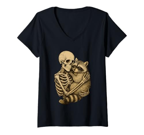 Damen Skelett hält Waschbär Dark Nature Illustration T-Shirt mit V-Ausschnitt Damen Skelett hält Waschbär Dark Nature Illustration T-Shirt mit V-Ausschnitt von Gothic Wildlife Art