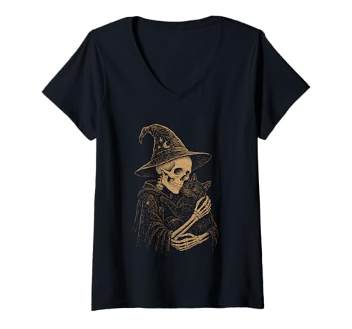 Damen Skelett-Zauberer mit Katze Fantasy Okkultes T-Shirt mit V-Ausschnitt von Gothic Witchcraft Artwork