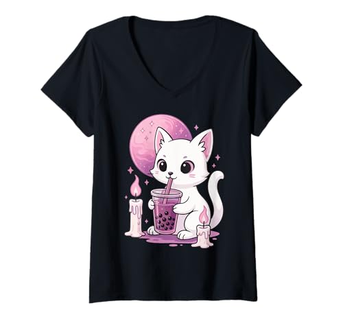 Damen Katze Trinkt Boba Gothic Ästhetik Buble Tea T-Shirt mit V-Ausschnitt Damen Katze Trinkt Boba Gothic Ästhetik Buble Tea T-Shirt mit V-Ausschnitt von Gothic katze Boba tee Goth Alternative Kawaii