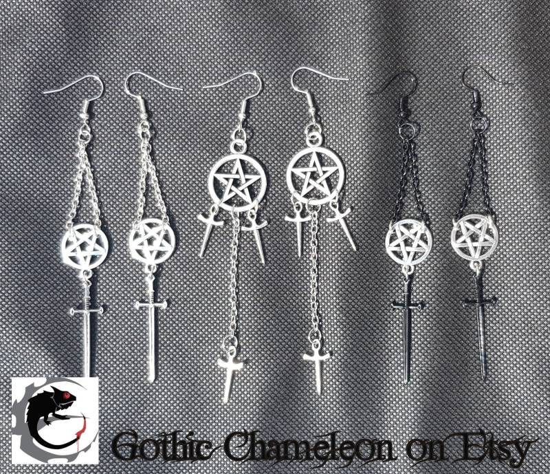 Handgemachte Doppelseitige Pentagramm Ohrringe Gothic Emo Steampunk von GothicChameleon