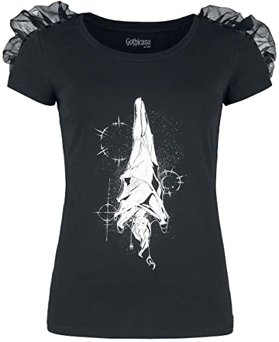 Gothicana by EMP Damen schwarzes T-Shirt mit gerafften Ärmeln und Print M von Gothicana by EMP