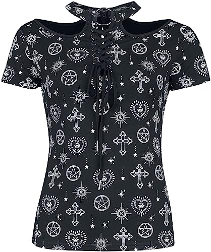 Gothicana by EMP Damen schwarzes T-Shirt mit Allover-Print, Cutouts und Schnürung 3XL von Gothicana by EMP