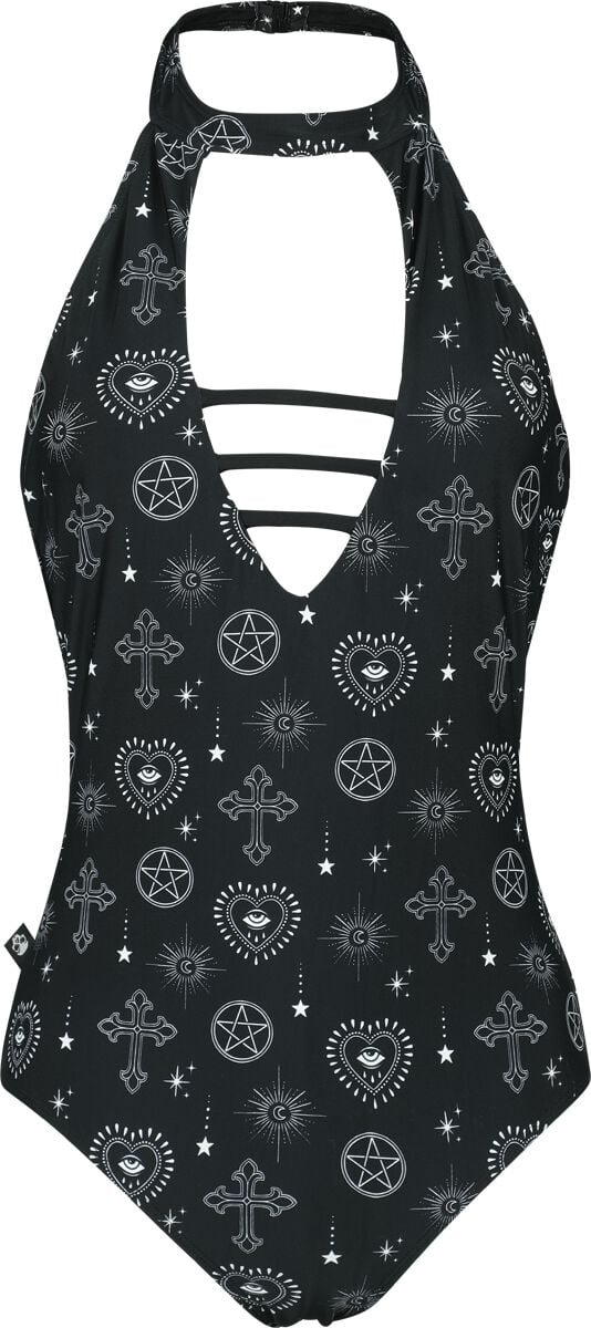 Gothicana by EMP - Gothic Badeanzug - Neckholder Swim Suit With Mystical Symbols - S bis XXL - für Damen - Größe M - schwarz von Gothicana by EMP