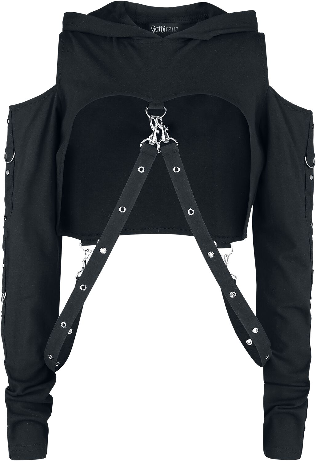 Gothicana by EMP - Gothic Kapuzenpullover - Cropped Hoodie mit Riemen - L bis XL - für Damen - Größe L - schwarz von Gothicana by EMP