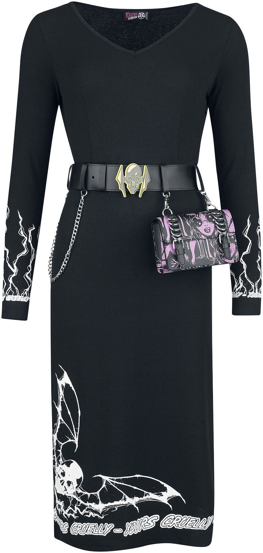 Gothicana by EMP - Gothic Kleid knielang - Gothicana X Elvira Dress with Belt and Bag - XS bis XXL - für Damen - Größe XS - schwarz von Gothicana by EMP