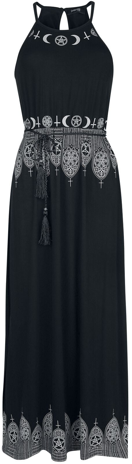 Gothicana by EMP - Gothic Kleid lang - Schwarzes Maxikleid mit Prints und schmalem Bindegürtel - S bis 5XL - für Damen - Größe S - schwarz von Gothicana by EMP