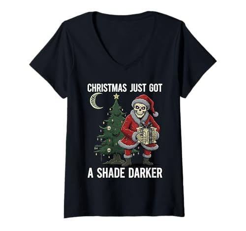 Damen Gothic Weihnachten Skelett Santa Gothmas Stil Feiertag T-Shirt mit V-Ausschnitt Damen Gothic Weihnachten Skelett Santa Gothmas Stil Feiertag T-Shirt mit V-Ausschnitt von Gothmas Gothic Academia Collection