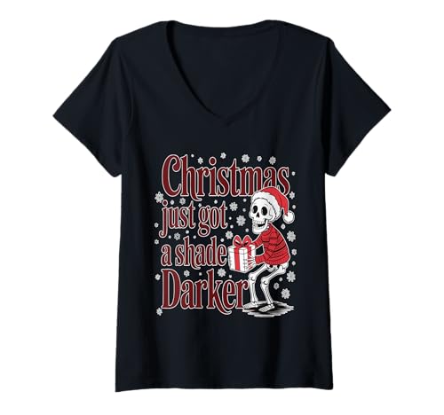 Damen Gothmas Gothic Academia Weihnachten Skelett Feiertag Stil T-Shirt mit V-Ausschnitt Damen Gothmas Gothic Academia Weihnachten Skelett Feiertag Stil T-Shirt mit V-Ausschnitt von Gothmas Seasonal Wear