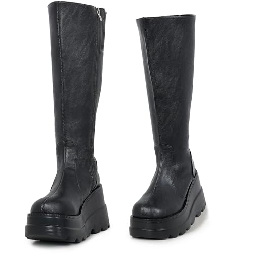 Goth Plateau-Stiefel, kniehoch, schwarz, Gothic-Stiefel, klobiger Absatz, holografische Schnallen, Stiefeletten, mittlere Wade, Schnürung, Combat-Botas für Damen Goth Plateau-Stiefel, kniehoch, schwarz, Gothic-Stiefel, klobiger Absatz, holografische Schnallen, Stiefeletten, mittlere Wade, Schnürung, Combat-Botas für Damen von Gothniero