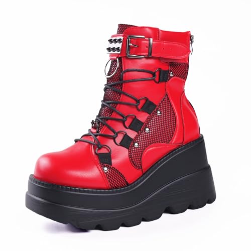 Gothniero Damen Kampf Motorrad Stiefel Rote Plattform Fette Zehen Motorrad Fest Karneval gotische Stiefel für Frauen Punk Stimmung Schuhe mit Metallkette Seite Reißverschluss Runde Zehen von Gothniero