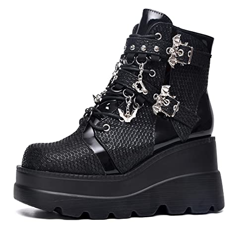 Gothniero Damen Kampf Motorrad Stiefel Schwarz Plattform Chunky Knöchel Moto Festival Rave Goth Stiefels für Frauen Punk emo Schuhe mit Metallketten Seite Reißverschluss Runde Zehe von Gothniero