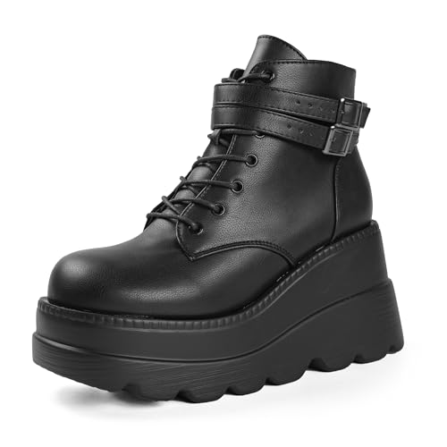 Gothniero Damen Kampf Motorrad Stiefel Schwarz Plattform Chunky Knöchel Moto Festival Rave Goth Stiefels für Frauen Punk emo Schuhe mit Metallketten Seite Reißverschluss Runde Zehe von Gothniero