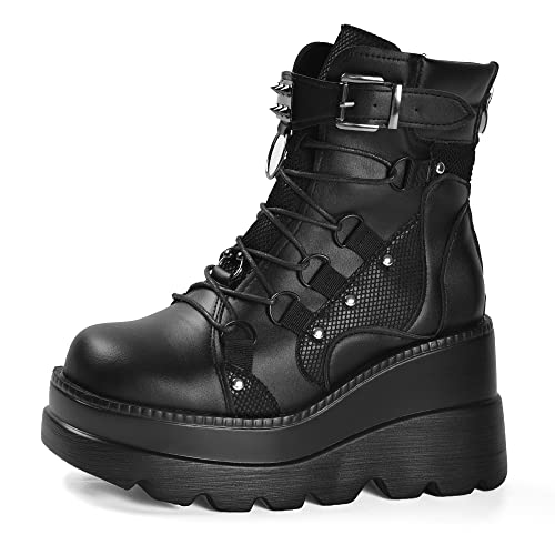 Gothniero Damen Kampf Motorrad Stiefel Schwarz Plattform Chunky Knöchel Moto Festival Rave Goth Stiefels für Frauen Punk emo Schuhe mit Metallketten Seite Reißverschluss Runde Zehe von Gothniero