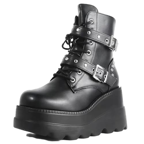 Gothniero Damen Kampf Motorrad Stiefel Schwarz Plattform Chunky Knöchel Moto Festival Rave Goth Stiefels für Frauen Punk emo Schuhe mit Metallketten Seite Reißverschluss Runde Zehe von Gothniero