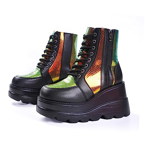 Gothniero Damen Kampf Motorrad Stiefel Schwarz Plattform Fette Zehen Motorrad Fest Karneval gotische Stiefel für Frauen Punk Stimmung Schuhe mit Metallkette Seitenreißverschluss Runde Zehen von Gothniero