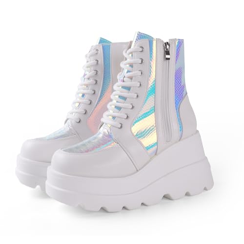 Gothniero Damen Kampf Motorrad Stiefel Weiße Plattform Fette Zehen Motorrad Fest Karneval gotische Stiefel für Frauen Punk Stimmung Schuhe mit Metallkette Seitenreißverschluss Runde Zehen von Gothniero