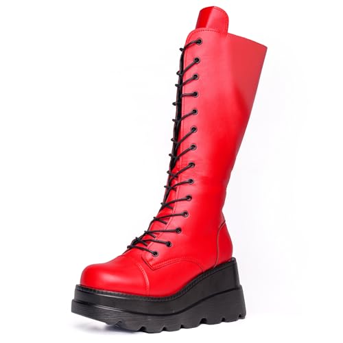Gothniero Damen Schienbeinstiefel mit roter Reißleine Goth Frauen Kampfstiefel moto Stiefel Rave Gothic Schuhe Leicht und komfortabel mit Spitzengröße 35-43 von Gothniero