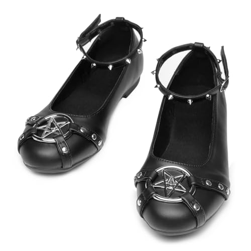 Gothniero Flache Damen-Ballerinas, niedliche Ballerinas, Gothic-Schuhe für Damen, elegant, bequem, mit Nieten und verstellbarem Riemen, Schlupfschuhe, runde Zehen, Größe 36-42, 60 Blk, 41 EU von Gothniero