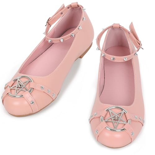Gothniero Flache Damen-Ballerinas, niedliche Ballerinas, Gothic-Schuhe für Damen, elegant, bequem, mit Nieten und verstellbarem Riemen, Schlupfschuhe, runde Zehen, Größe 36-42, 60 Pink, 41 EU von Gothniero