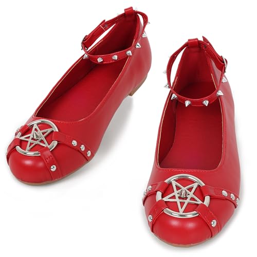 Gothniero Flache Damen-Ballerinas, niedliche Ballerinas, Gothic-Schuhe für Damen, elegant, bequem, mit Nieten und verstellbarem Riemen, Schlupfschuhe, runde Zehen, Größe 36-42, 60 Rot, 38 EU von Gothniero