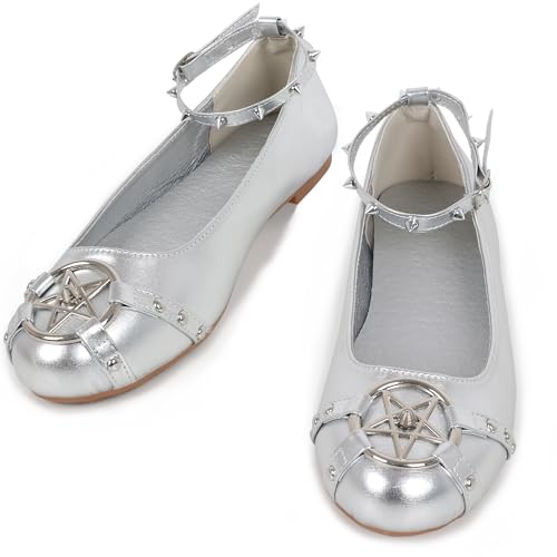 Gothniero Flache Damen-Ballerinas, niedliche Ballerinas, Gothic-Schuhe für Damen, elegant, bequem, mit Nieten und verstellbarem Riemen, Schlupfschuhe, runde Zehen, Größe 36-42, 60 Silber, 37.5 EU von Gothniero