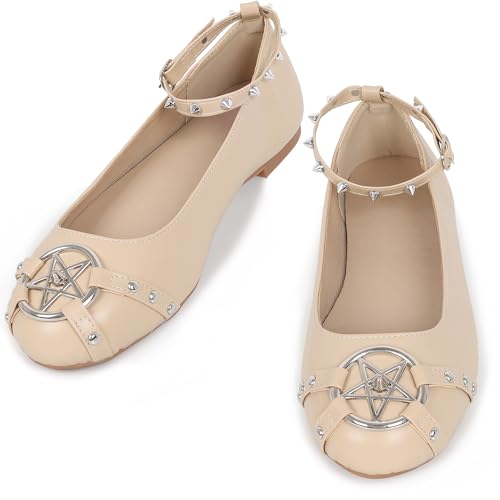 Gothniero Flache Damen-Ballerinas, niedliche Ballerinas, Gothic-Schuhe für Damen, elegant, bequem, mit Nieten und verstellbarem Riemen, Schlupfschuhe, runde Zehen, Größe 36-42, 60Beige, 40 EU von Gothniero