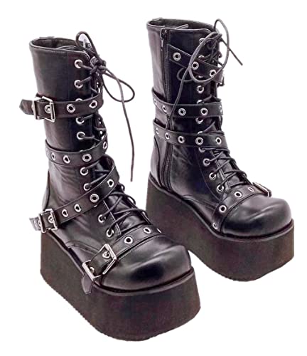 Gothniero Frauen Schwarz Plattform Goth Stiefel Kniehohe Stiefel Chunky Heel Punk Rave Gothic Stiefel Mädchen Schnallen Combat Mid Calf Booties für Frauen, Schwarz3, 38 EU von Gothniero