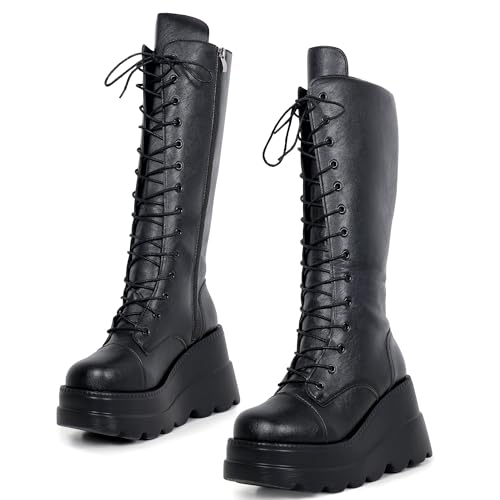 Gothniero Goth High Knee Plateau Boots Keilabsatz Chunky Heel Schwarz Gothic Punk Mid Calf Boots Lace Up with Buckles Combat Botas for Women, Schwarz 4, 36.5 EU von Gothniero