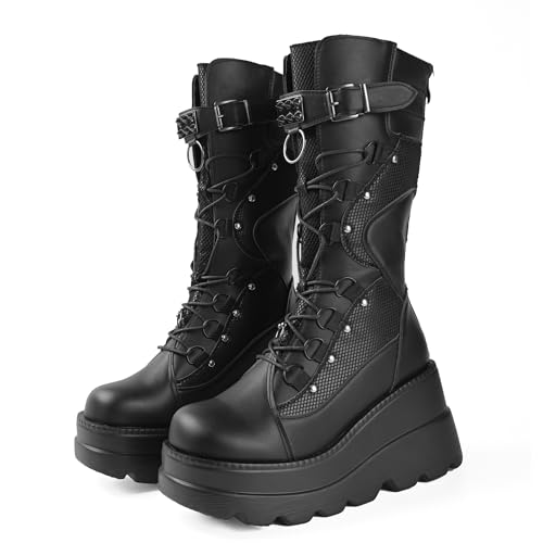 Gothniero Goth High Knee Plateau Boots Keilabsatz Chunky Heel Schwarz Gothic Punk Mid Calf Boots Lace Up with Buckles Combat Botas for Women, schwarz 2, 39.5 EU von Gothniero