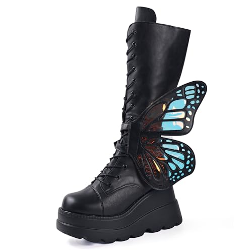 Gothniero Goth Plateau-Stiefel, kniehoch, schwarz, Gothic-Stiefel, klobiger Absatz, holografische Schnallen, Stiefeletten, mittelhohe Wadenlänge, Schnürung, Kampfbotas für Damen, Größe 36-42, Black Gothniero Goth Plateau-Stiefel, kniehoch, schwarz, Gothic-Stiefel, klobiger Absatz, holografische Schnallen, Stiefeletten, mittelhohe Wadenlänge, Schnürung, Kampfbotas für Damen, Größe 36-42, Black von Gothniero