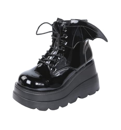 Gothniero Goth Plateau-Stiefel, schwarz, Gothic, klobiger Absatz, Stiefel für Damen, Kampfstiefeletten, Keilstiefel, mit seitlichem Reißverschluss, Schnürung, Größe 36-42, Lackschwarz, 41 EU Gothniero Goth Plateau-Stiefel, schwarz, Gothic, klobiger Absatz, Stiefel für Damen, Kampfstiefeletten, Keilstiefel, mit seitlichem Reißverschluss, Schnürung, Größe 36-42, Lackschwarz, 41 EU von Gothniero