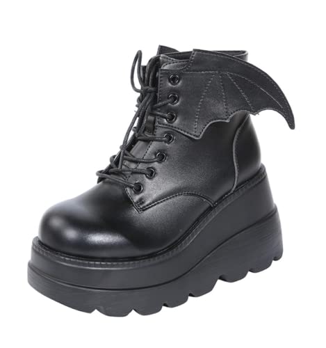 Gothniero Goth Plateaustiefel Schwarz Gothic Chunky Heel Stiefel für Frauen Combat Ankle Boots Wedge Booties mit seitlichem Reißverschluss Schnürschuh Größe 36-42, schwarz 2, 37.5 EU von Gothniero